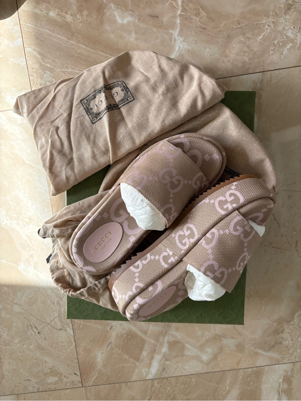 Gucci Beige-Pink GG Logo Platform Slides